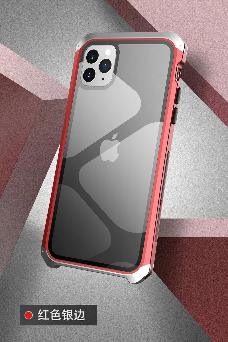 Металлический алюминиевый чехол для Iphone 11, чехол-гибрид из поликарбоната, задняя крышка из закаленного стекла для Iphone 11 Pro Max, чехол, противоударный чехол, Fundas - Цвет: Red silver