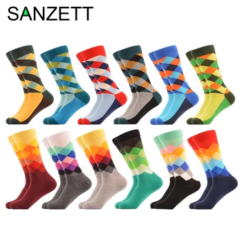 

12 Pairs SANZETTI Hot Sale Happy Men Socks Bright High Quality Novelty Geometric Crew Socks Causal Gift Wedding Dress Socks