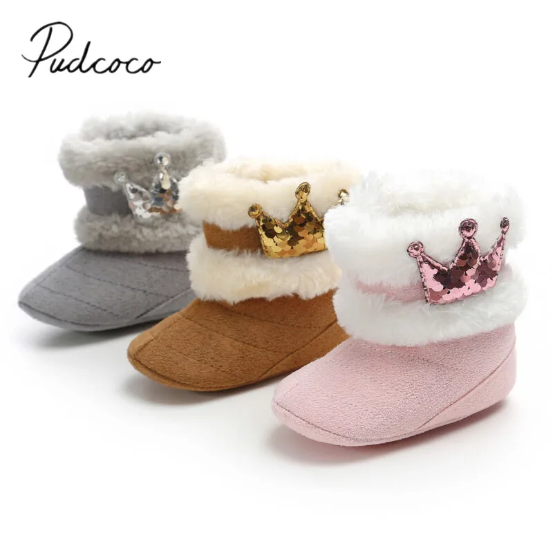 

2019 Baby Shoes Toddler Baby Girl Crown Shoes Soft Crib Sole Shoes Newborn Sequin Crown Fuzzy Winter Warm Boots