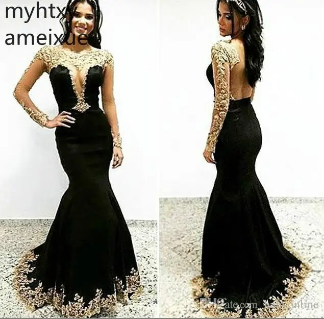 Новые дешевые черные пикантные Prom Dress Mermaid золотые длинные рукав с накладной аппликацией Вечеринка вечернее платье изготовление на заказ; Большие размеры Платья