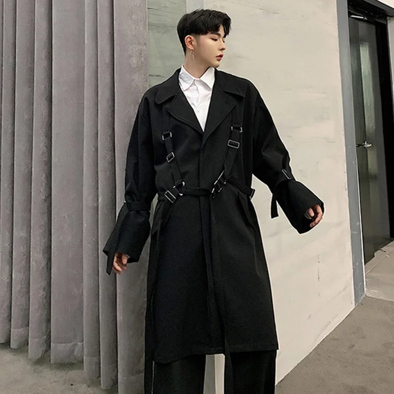 Для мужчин High Street панк хип хоп ленты Свободный Длинный плащ пальто весна осень мужской уличная мода ветровка куртка
