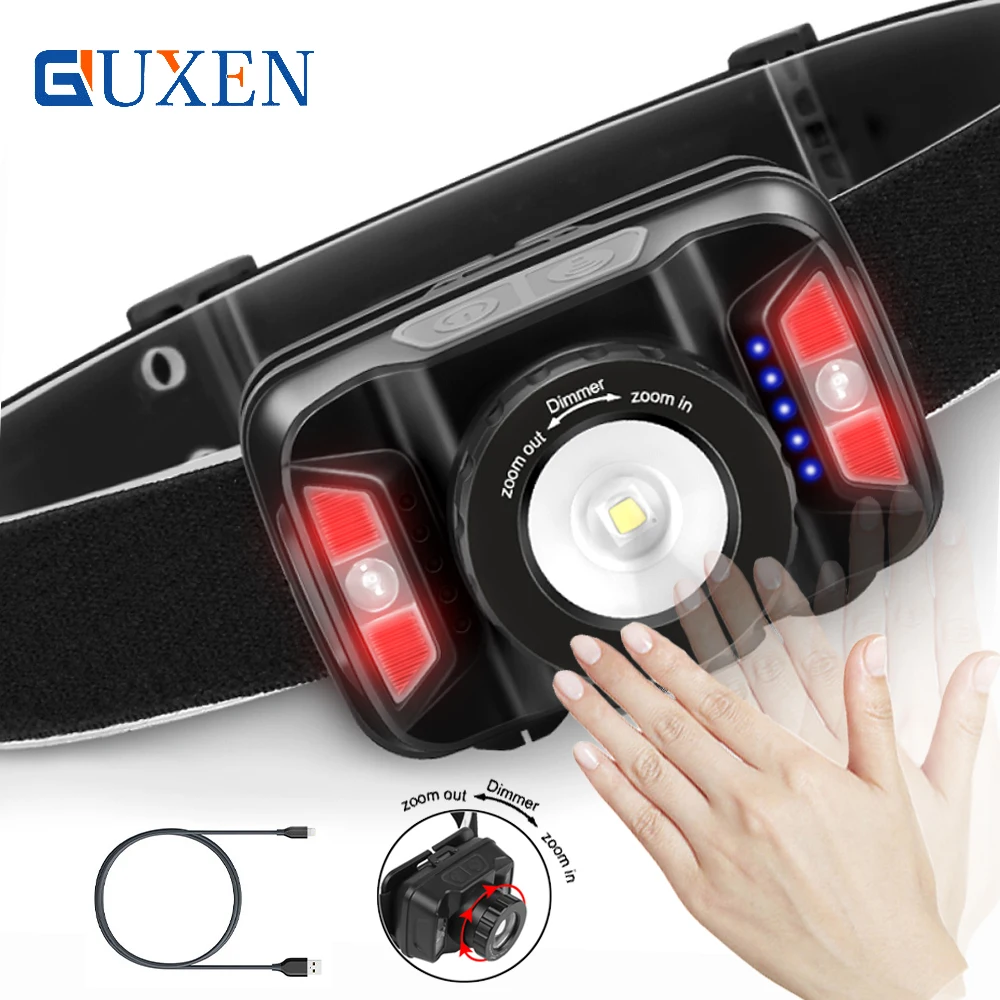 

Inductive Sensor LED Headlamp with Power Display Built-in Battery Rechargeable 6 Mode Zoomable Fishing Headlight Warning Light