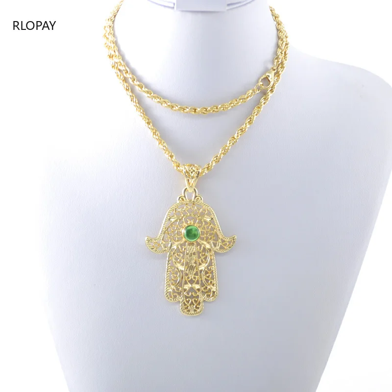 

Moroccan Style Gold Necklace for Women Water Drop Pendant Long Necklace of Muslim Allah Fatima Hand Rhinestone Necklace