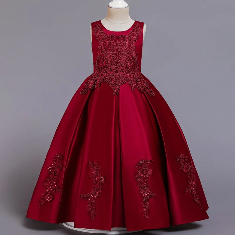 Высококачественное платье с цветочным узором для девочек; детская праздничная одежда; бальное платье для девочек; одежда для первого причастия; костюм принцессы для малышей; vestidos - Цвет: Dark red
