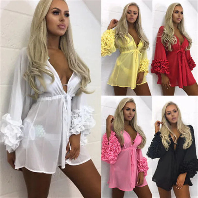 2020 Women Sexy Beach Cover-up Long Puff Sleeve Covers up Bathing Suit Summer Beach Wear Pareo Swimwear Mesh Beach Dress Tunic photo