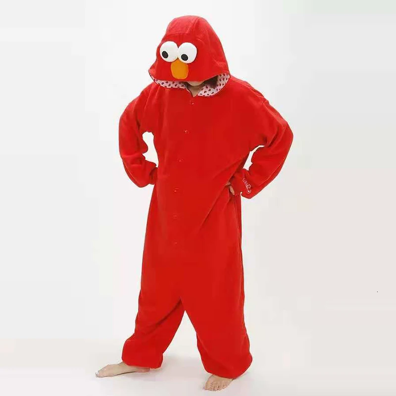 Синие пижамные комплекты, фланелевые пижамы в виде животных, Kigurumi, зимняя стежка, пижамы для женщин, мужчин, взрослых, ночная рубашка, мультяшная уличная Пижама С Кунжутом - Цвет: Red Sesame Street