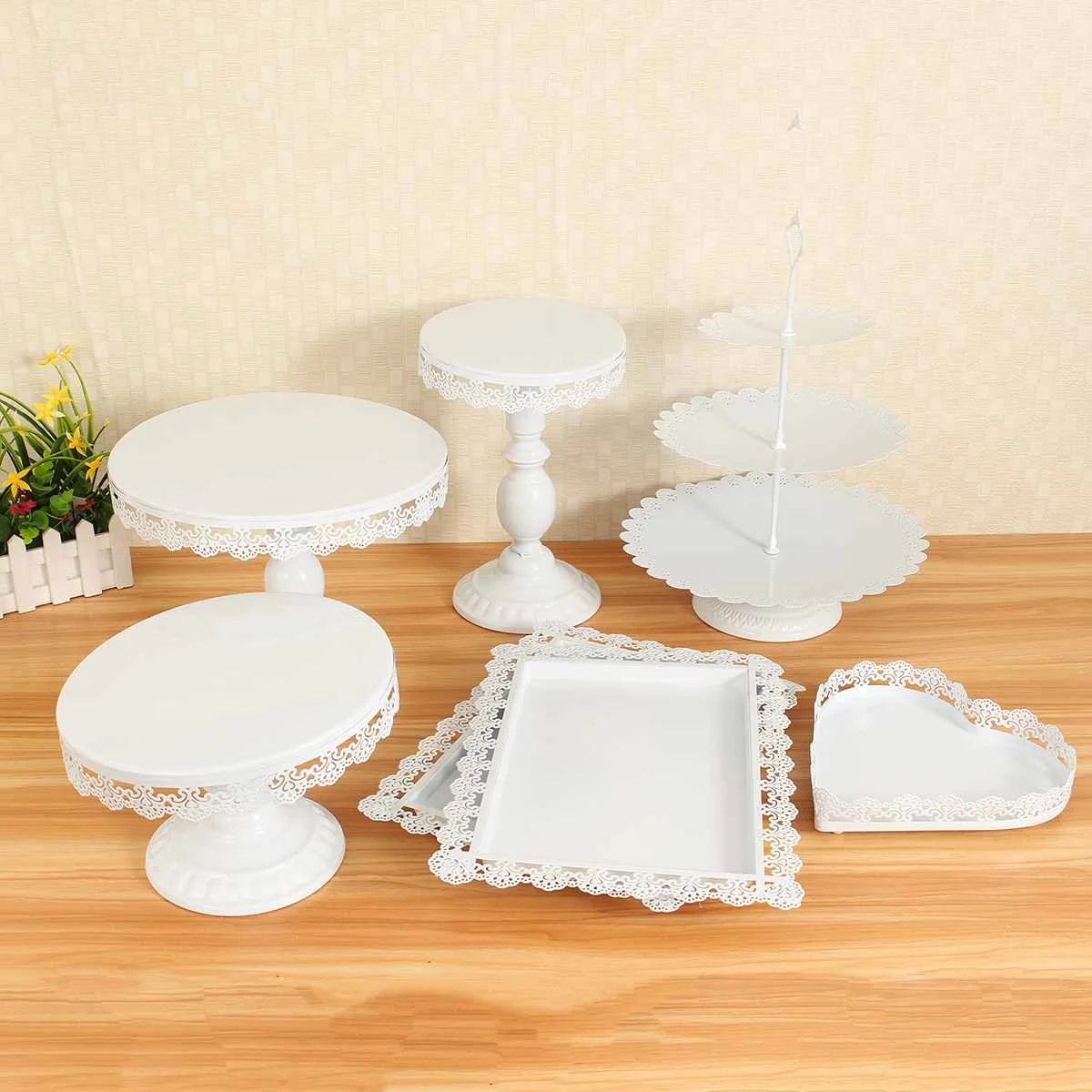 7pcs/set Iron Cake Stands Wedding Decorating Tools Moulds Cake Tray Rack Pan High Foot European Snack Rack Pastry Plate - Цвет: Белый