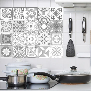 

Decorative Retro Moroccan Tiles PVC Tile Stickers,Grey color Wall Art Decal,Adhesive Waterproof Kitchen Backsplash Bathroom Deco