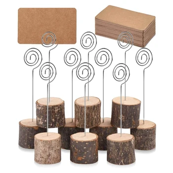 

10Pcs Premium Wood Place Card Holders with Swirl Wire and 20Pcs Kraft Place Cards, Wood Table Number Holders Stands
