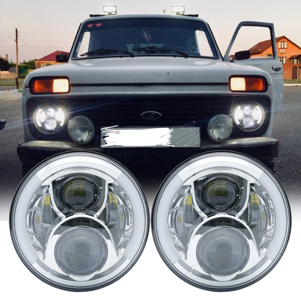 2xFor Lada Niva 4x4 7 дюймов светодиодные фары Hi/ближнего света подсветка Angel Eyes DRL фары для внедорожных Jeep Wrangler suzuki samurai