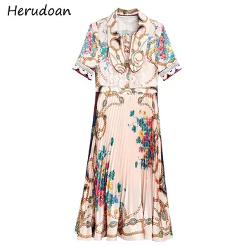 

Herudoan Fashion Runway Summer Pleated Dress Women Bow Half Sleeve Lace Hollow Out Floral Print Female Midi Dresses Vestidos