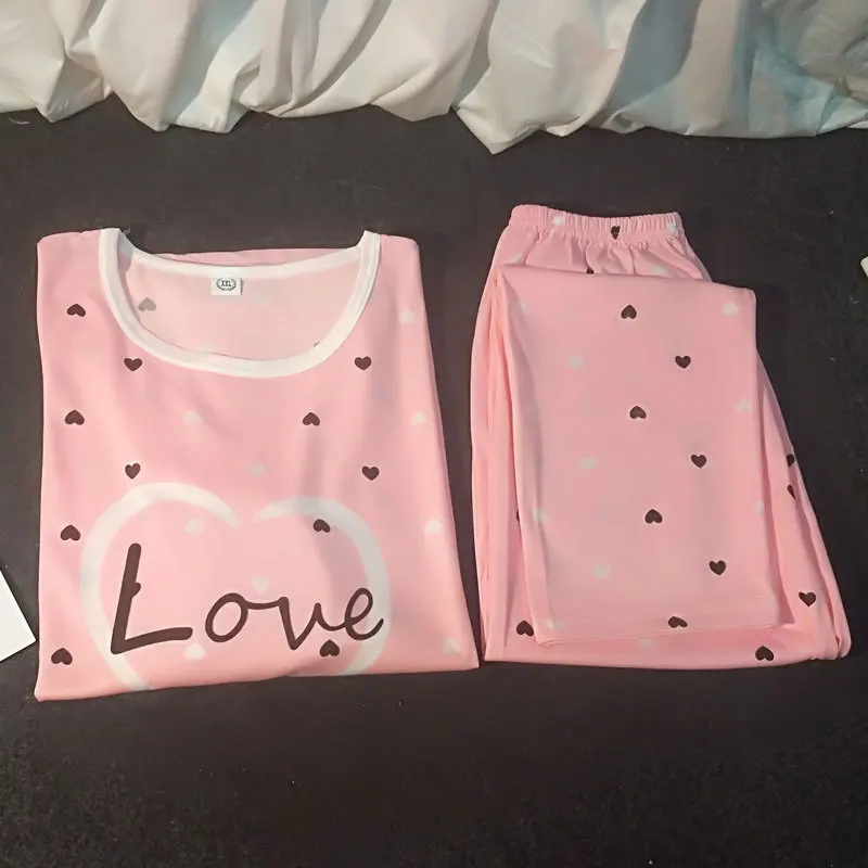

Photo Shoot Spring And Autumn Pajamas Women Long Sleeve Trousers Sweet Peach Heart Korean-style Crew Neck Thin Less Ladies Home