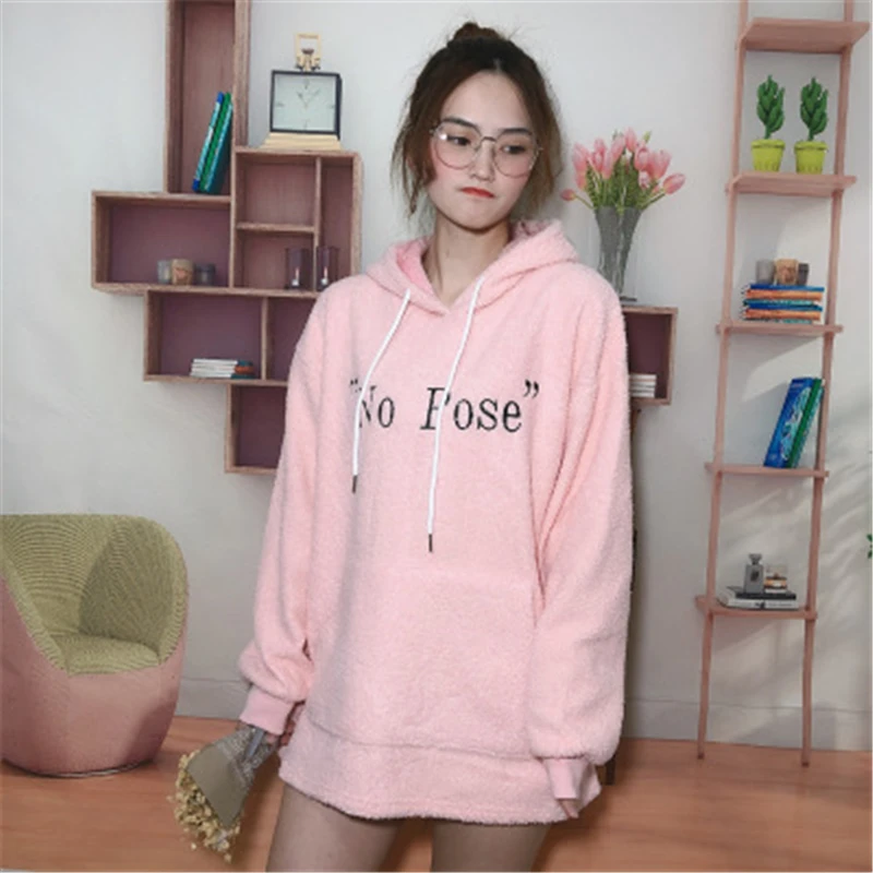 A Pink SZMALL, новинка, популярная зимняя теплая шерстяная толстовка с капюшоном для женщин, с буквенным принтом, флис, длинный рукав, свободная толстовка с капюшоном, пуловеры, женские топы, одежда - Цвет: A Pink