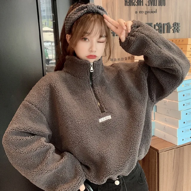 Woolen Oversize Hoodies Fur Crop Top High Waist Letter Hoodies Zip Up E  Girl Warm Cloth Solid Color Y2k Fluffy Hoodies Top Plus - Hoodies u0026  Sweatshirts - AliExpress