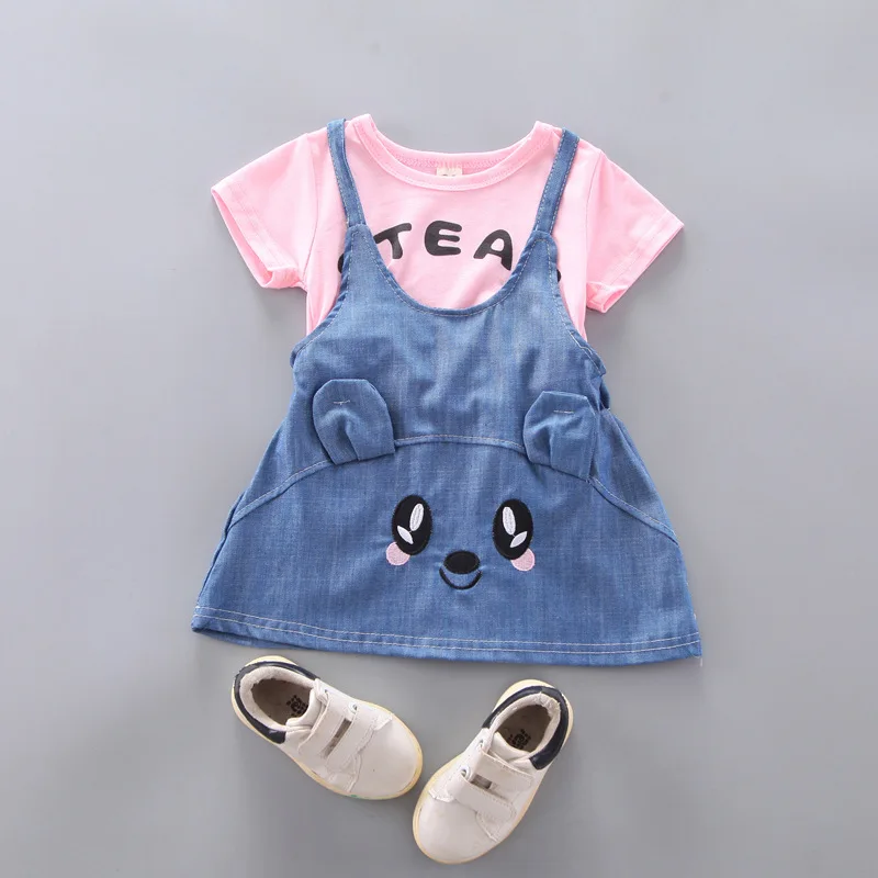 Baby Clothing Set medium Baby Girl Clothing Sets 2022 Summer Children's Cartoon Short Sleeve T-shirt+Denim Suspenders Skirt Korean Style Clothes Suit baby floral clothing set