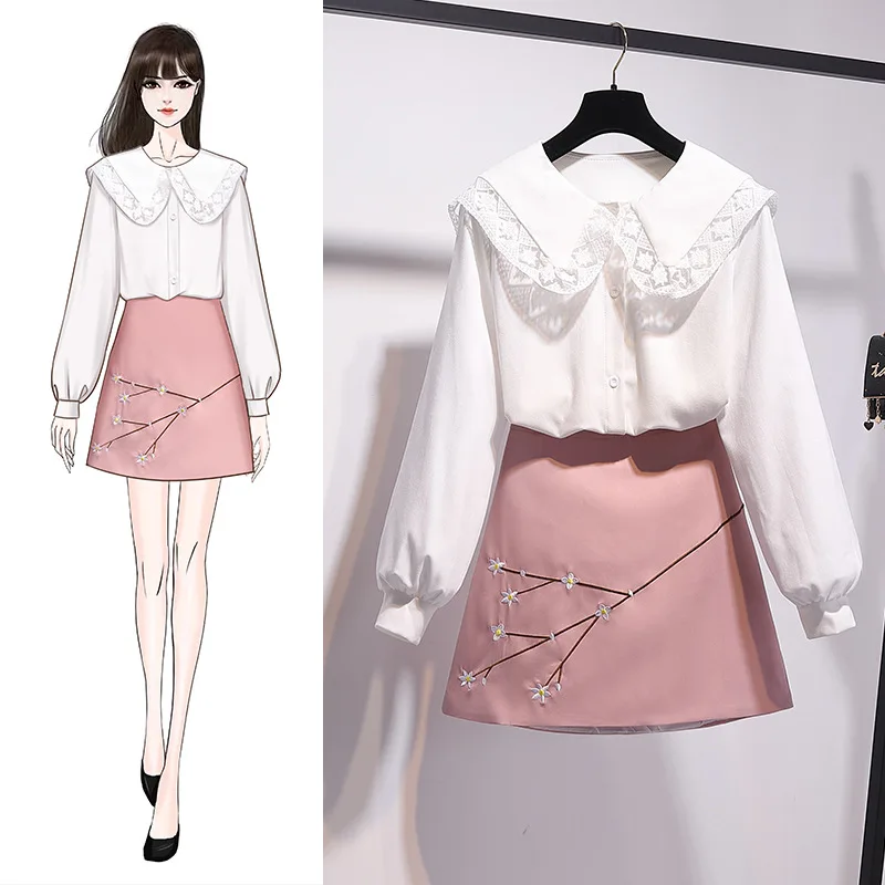 

2020 Spring Clothing New Style Students Lace Edge Loose-Fit Shirt Set WOMEN'S Dress College Style Skirt Two-Piece Set Spring