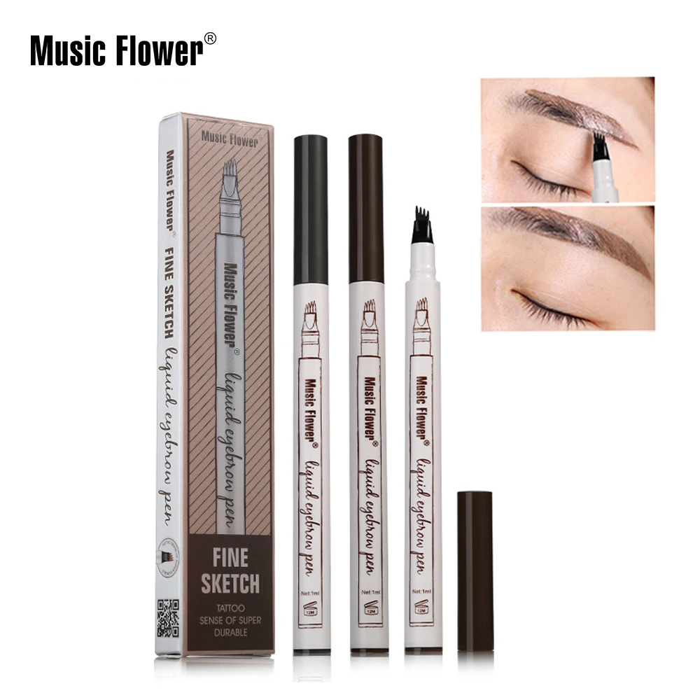 Music Flower Fine Sketch Liquid Eyebrow Pen 4 Fork Waterproof Long Lasting Tattoo Sense of Super Durable Pencil | Красота и здоровье