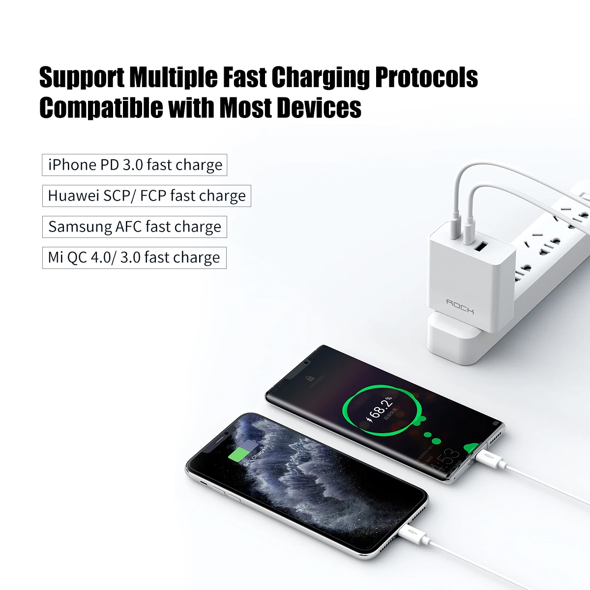 Зарядное устройство ROCK сетевое с 3 USB портами 65 Вт QC 4 0|Зарядные устройства| |