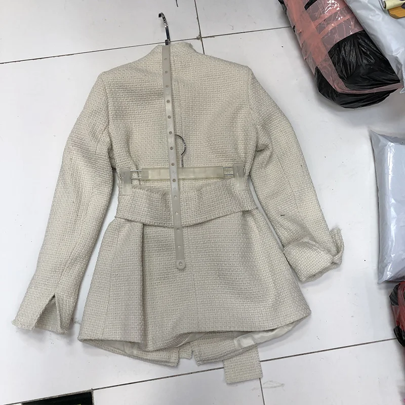 fashion new tie belt waist slimming autumn and winter new woven tweed jacket