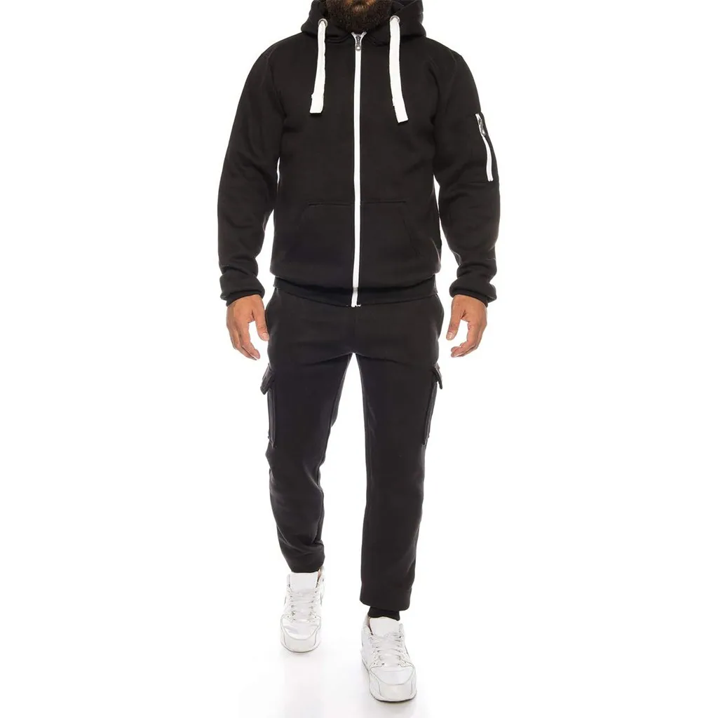 

2019 Fashion Style Mens Sets Solid Color Hooded Sweatshirt+Sweatpants Two Piece Autumn Winter Casual Tracksuit 10.30
