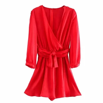 

Summer 2020 women's new double-breasted V-neck long-sleeved stretch waist jumpsuit bow tie silk satin texture short jumpsuit