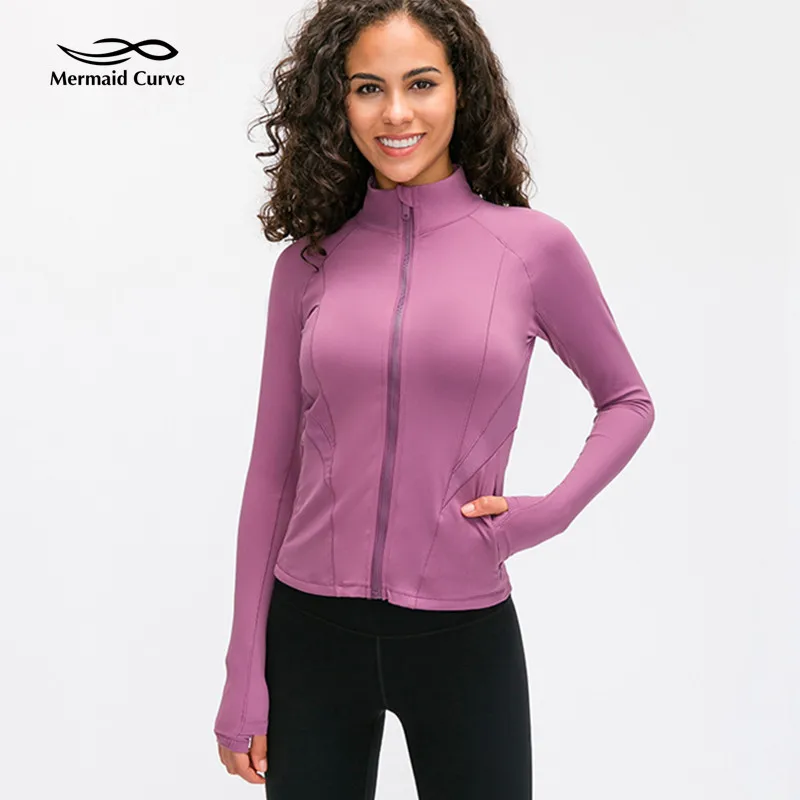 Высококачественная Женская куртка для бега с резьбой, легкая спортивная куртка с длинным рукавом на молнии для йоги и фитнеса - Цвет: Фиолетовый