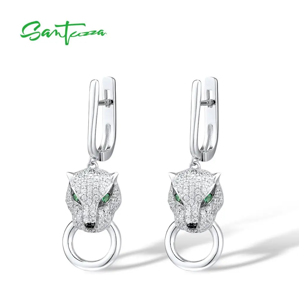 SANTUZZA Silver Earrings For Women Pure 925 Sterling Silver Dangle Panther Earrings Long Cubic Zirconia brincos Fine Jewelry