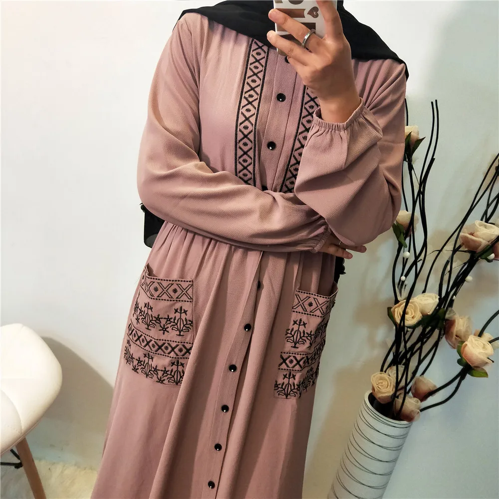 Женское повседневное мусульманское платье с вышивкой на пуговицах и карманами, длинное мусульманское платье с длинным рукавом, мусульманское длинное платье в турецком стиле