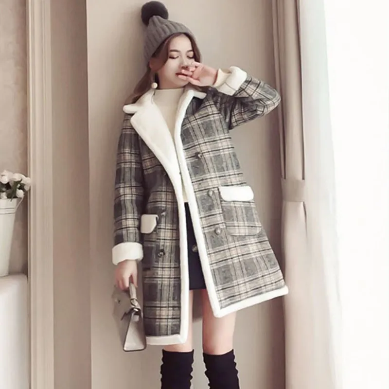 VENFLON зимнее женское пальто модное винтажное корейское клетчатое пальто женское с v-образным вырезом Свободное длинное пальто женское повседневное