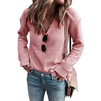 

Stylish Women Autumn Solid Color V Neck Knitwear Ribbed Loose Sweater Blouse Womens turtleneck
