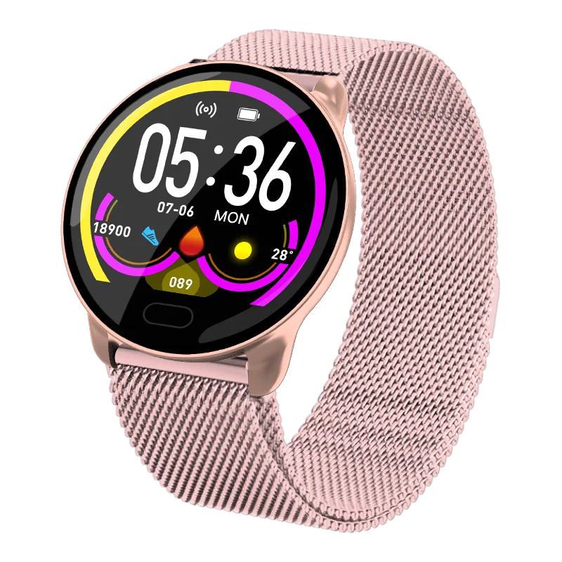 Pink stainless steel Смарт-часы с Bluetooth в режиме реального времени, умный мониторинг сердечного ритма, напоминание о звонках и сообщениях, круглый экран, спортивный умный Браслет POSHI - Цвет: Pink stainless steel