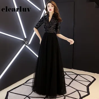 

Black A-Line Long Evening Dresses DR320 Shiny Sequin Banquet Dress Patchwork Vestido De Fiesta V-Neck Half Sleeve Formal Gowns