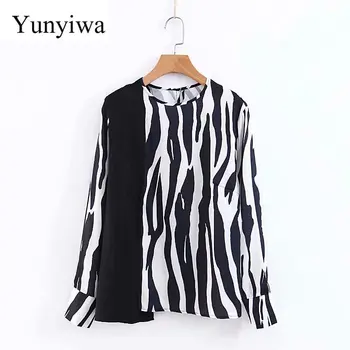 

New 2020 women vintage irregular striped print casual blouse women chic o neck long sleeve shirts business chemise tops