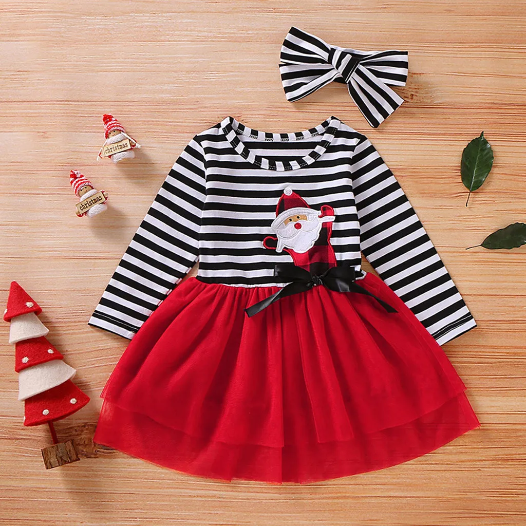 Платье для новорожденных девочек рождественские платья для маленьких девочек платье из тюля в полоску с принтом Санта-Клауса+ повязка на голову платье для девочек от 12 месяцев до 5 лет