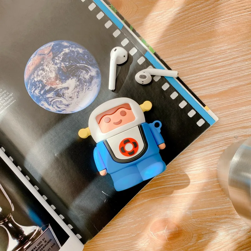 3D мультфильм космонавты и ракеты космический корабль путешествия в космосе чехол для наушников для AirPods 1 2 Bluetooth гарнитура силиконовый чехол с крючком - Цвет: blue Astronaut