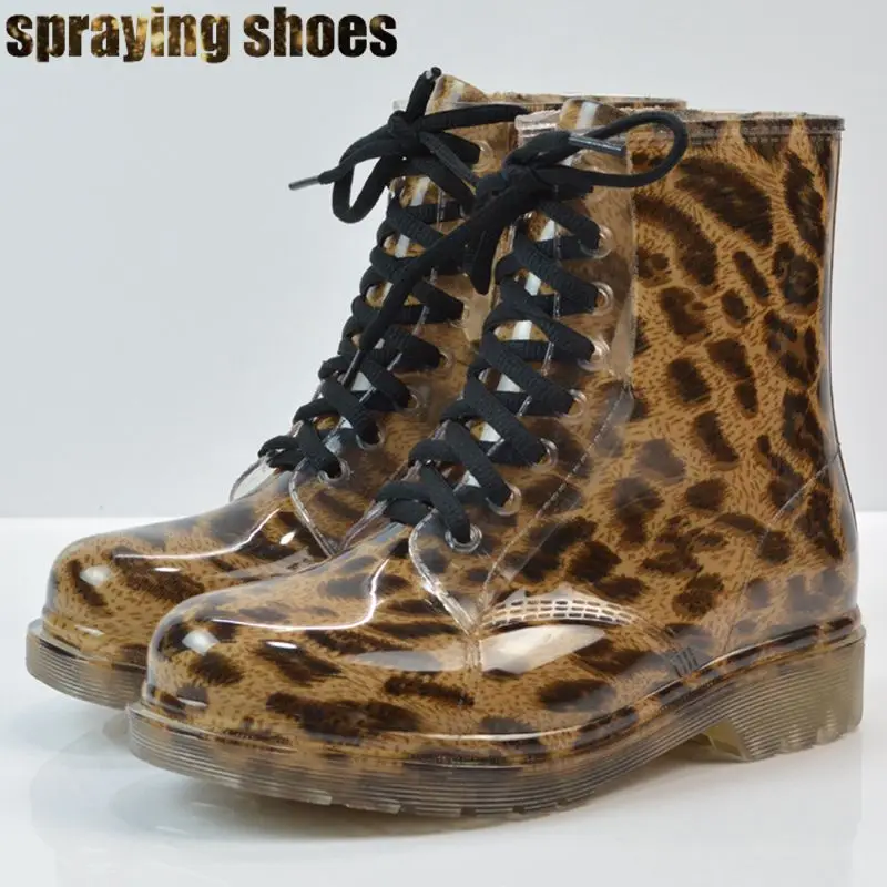 

Sexy Wild Leopard Print Ankle Boots Women Round Toe Transparent Martin Boots Low Heel Waterproof Rain Boots Lace Up Ladies Shoes