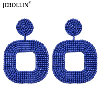 

JEROLLIN 6 Colors Resin Beaded Statement Dangle Earrings Square Shape Boho Earring Blue Red Yellow White Black Fashion Jewelry