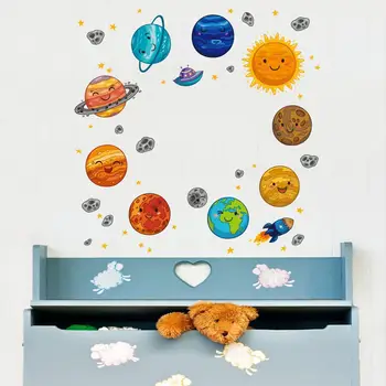 

Cartoon Space Planet wallpaper for Kids Room Solar System Earth Children Nursery Mural Decals Background Decor