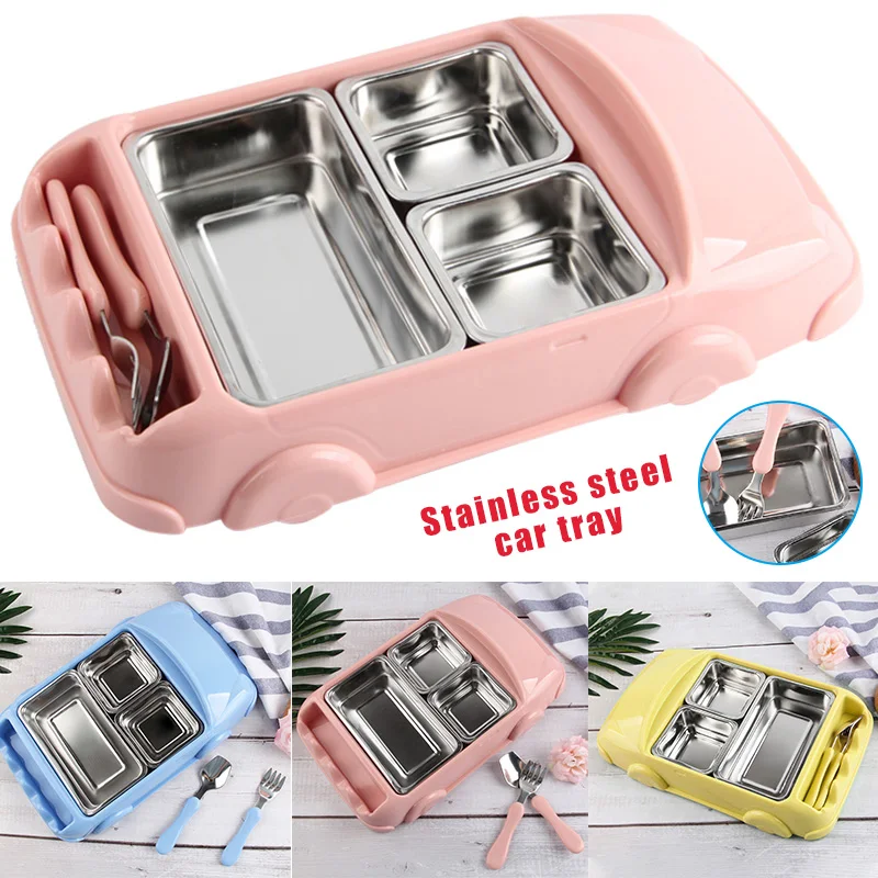 

HOT Children Cartoon Car Lunch Box Stainless Steel Divided Plates Tray Set Fork Spoon Tableware NDS66