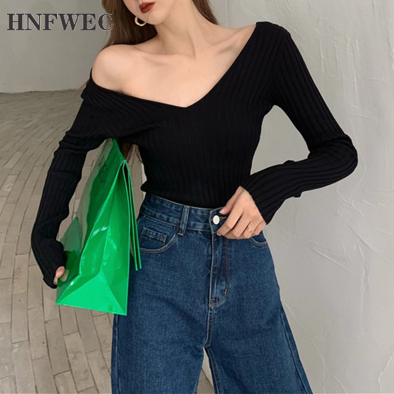 New 2020 Autumn Winter Women's Sweaters Pullover V-Neck Sexy Off Shoulder Knitted Bottoming Solid Slim Lady Top V824 |