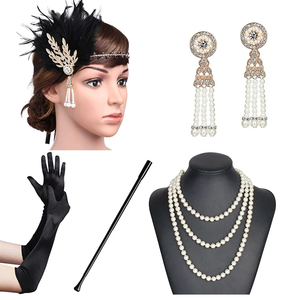 Ecoparty 1920s Женские аксессуары 20s Хлопушка Костюм Gasty повязка на голову серьги ожерелье перчатки держатель для сигарет