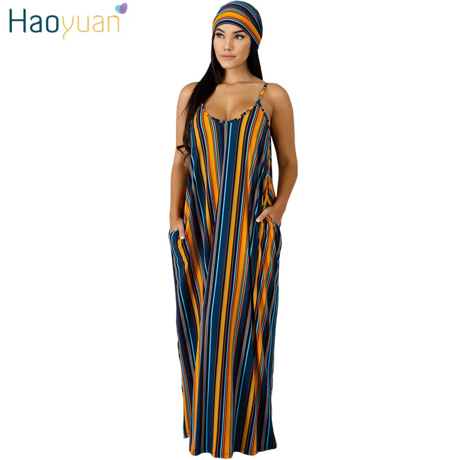 HAOYUAN размера плюс длинное платье женское в полоску Boho богемное пляжное Бандажное