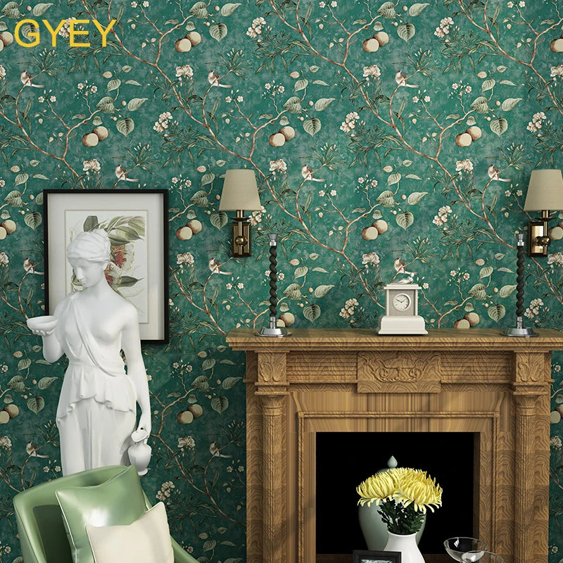 

10M American Wallpaper Retro Old Apple Tree Flowers birds Wallpaper Bedroom Living Room Background non-woven Garden Wallpaper
