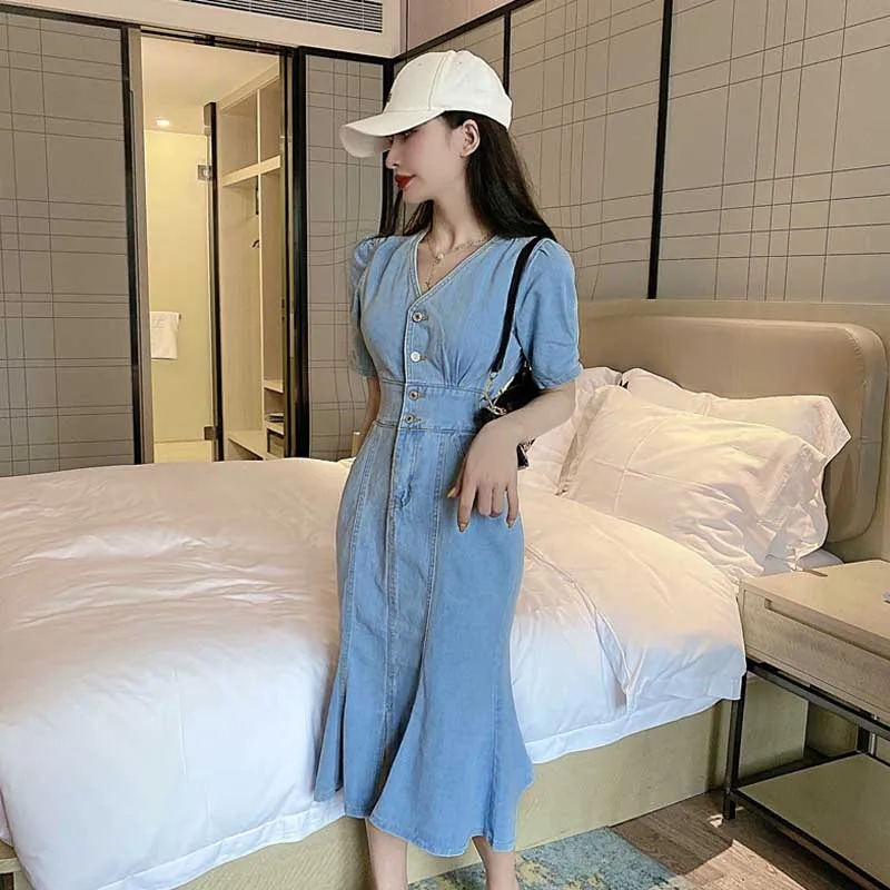 2020 For Female Summer Denim Dress One-Piece Vintage Elegant V-Neck Slim Puff Sleeve Dresses Women French Fashion Holiday Dress