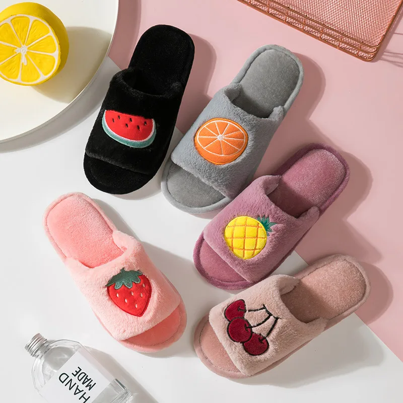 Cute Cartoon Fruit Pattern Home Women Fur Slippers Winter Plush Ladies Flats Shoes Strawberry Pineapple Furry Slippers Female