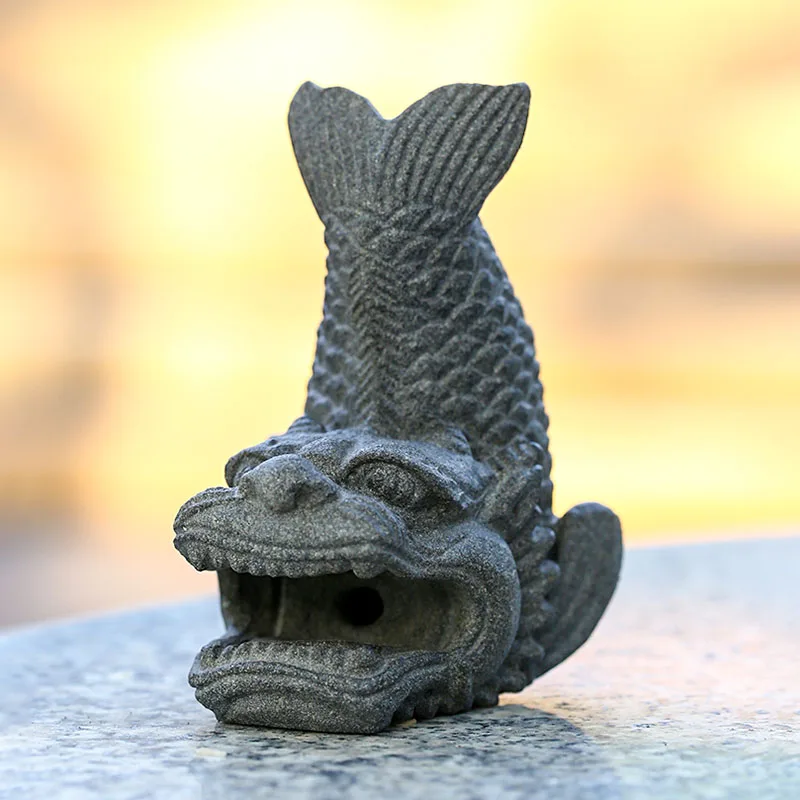 Drachenfisch-Steinstatue, chinesisches Feng Shui-Maskottchen, Räucherstäbchenhalter und Tee, Haustier, Reichtum, Anziehungskraft, Büro, Heimdekoration, viel Glück, Geschenk – Detail 2