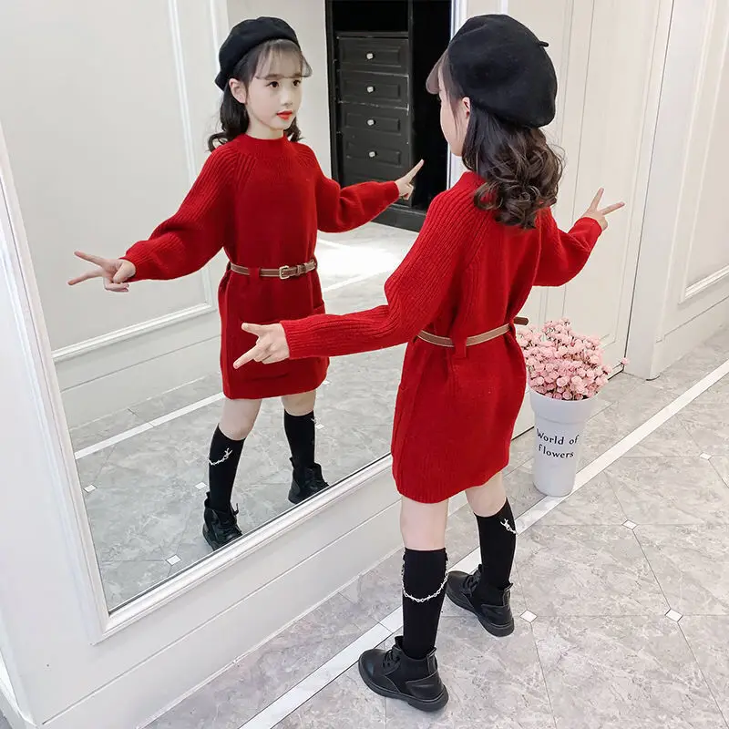 

2021 Winter Kids Girl Dress Knit Sweater Children Clothing Solid Color Baby Girls Long Sleeve Baby Clothes Girls Dresses W353