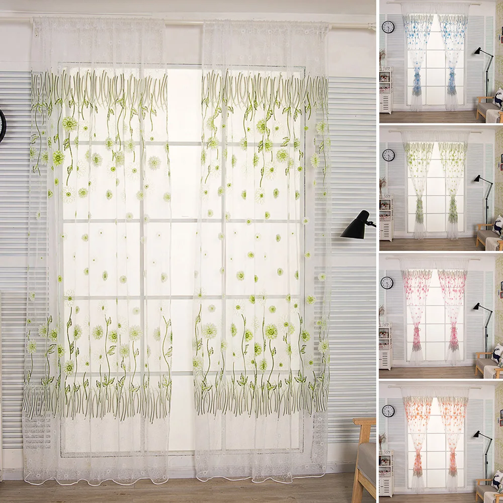 New Flower Curtain Window Door Panel Curtain Screening Room Divider Voile Drape Home Garden Supplies