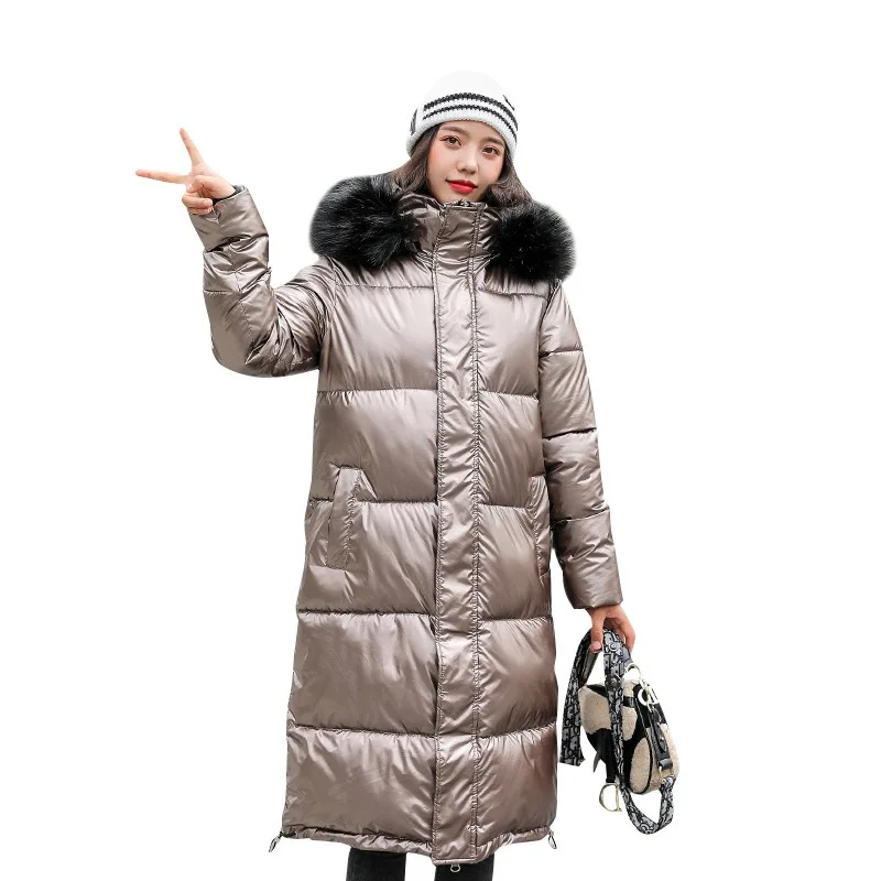 Новинка, зимняя женская куртка с большим меховым воротником и капюшоном, хлопковая подкладка, Корейская длинная толстая теплая парка, Женская куртка, хлопковое пальто