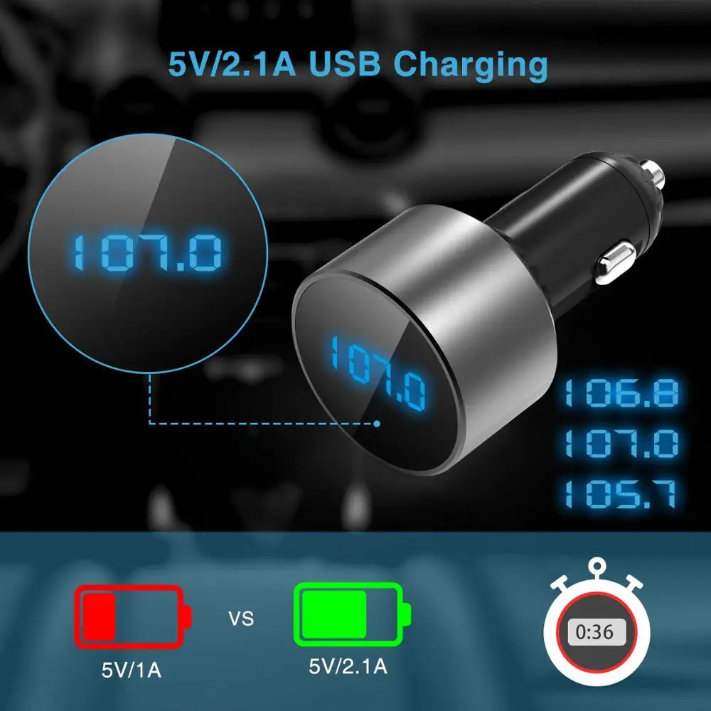 

TeckNet 5V/2.1A USB Car Charger with FM Transmitter Bluetooth Handsfree FM Modulator Phone Charger in car For iPhone Xiaomi